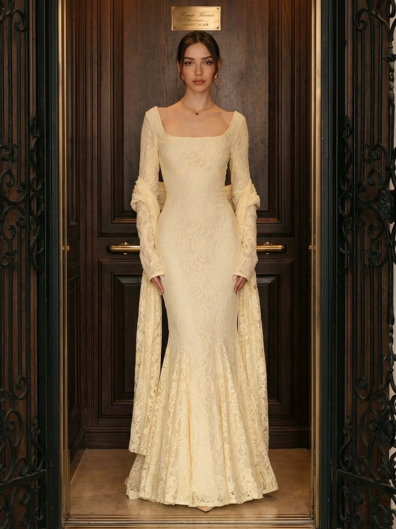 long sleeve lace cream dress Perdita Maxi | | Womens Size Chart XS S M L XL Numeric Size 0/2 4/6 8/10 12/14 16/18 Bust (in) 31 Cream Dotted Lace Open Back