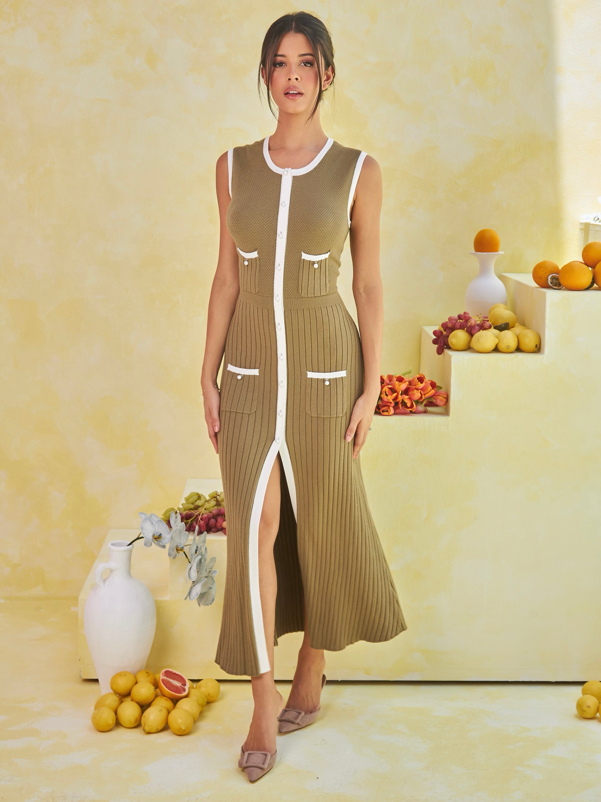 knit dress with fringing and faux pearl beads Luxury Semi Mesh KNIT DRESS WITH FRINGING AND FAUX PEARL BEADS – sunifty main image 1