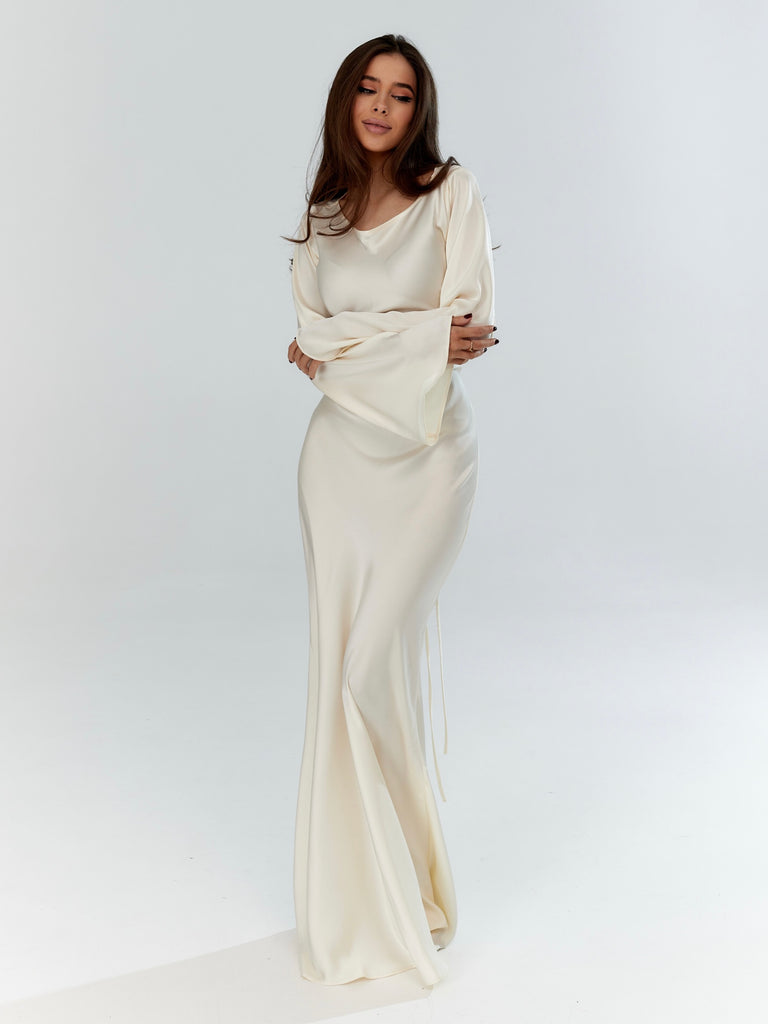 white silk dress with sleeves White Silk Maxi Dress: Butterfly Sleeve Wedding Gown